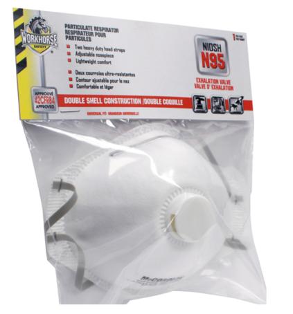 WORKHORSE N95 DISPOSABLE PARTICULATE RESPIRATOR W/EXHALATION VALVE 1PK
