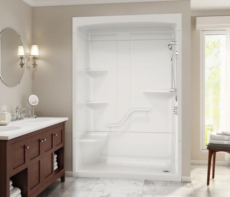 MAAX CAMELIA 6034 3 PC SHOWER W/GRAB BAR & ROOF LEFT SEAT RIGHT DRAIN WHITE